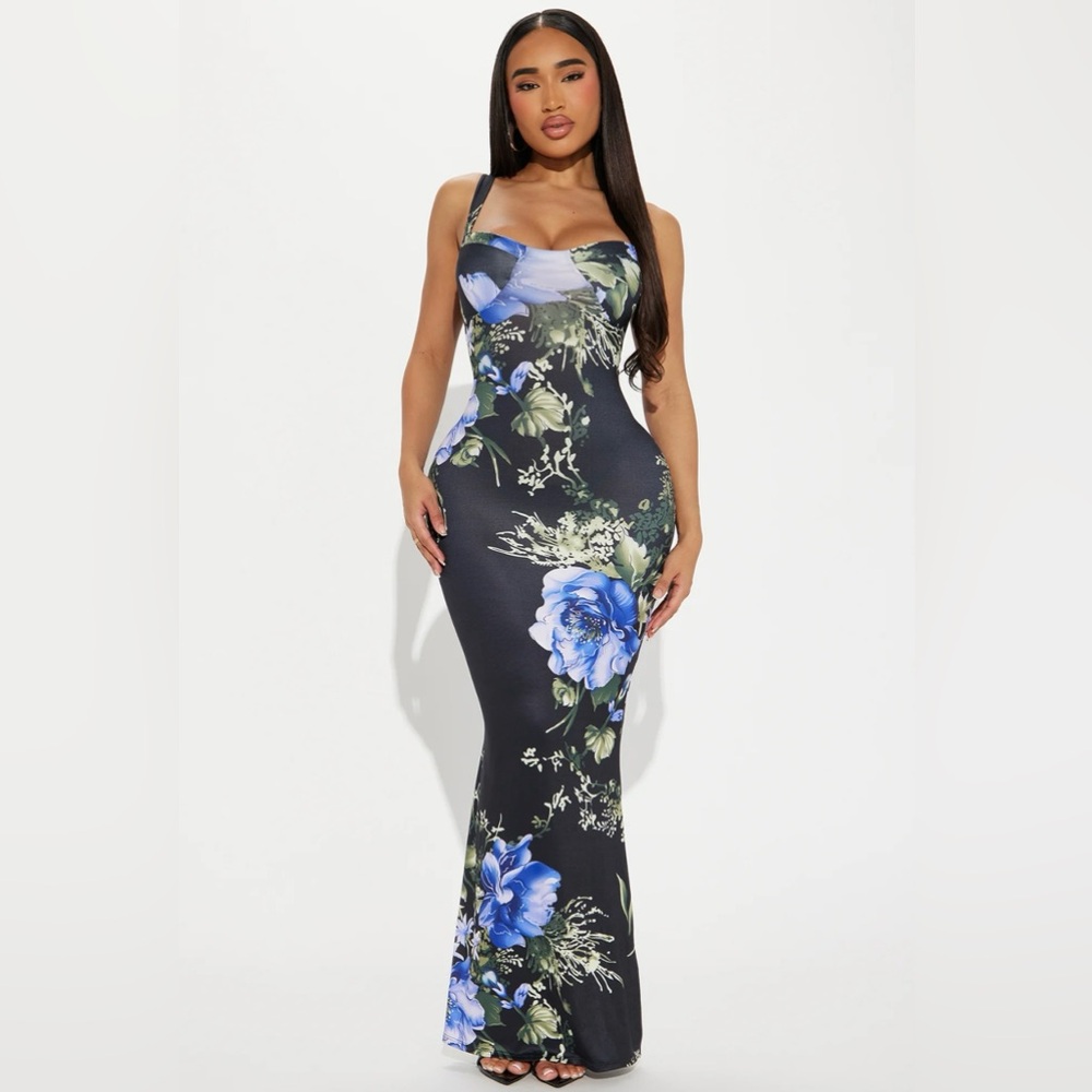 Fashion Nova Valeria Floral Maxi Dress Black Purple